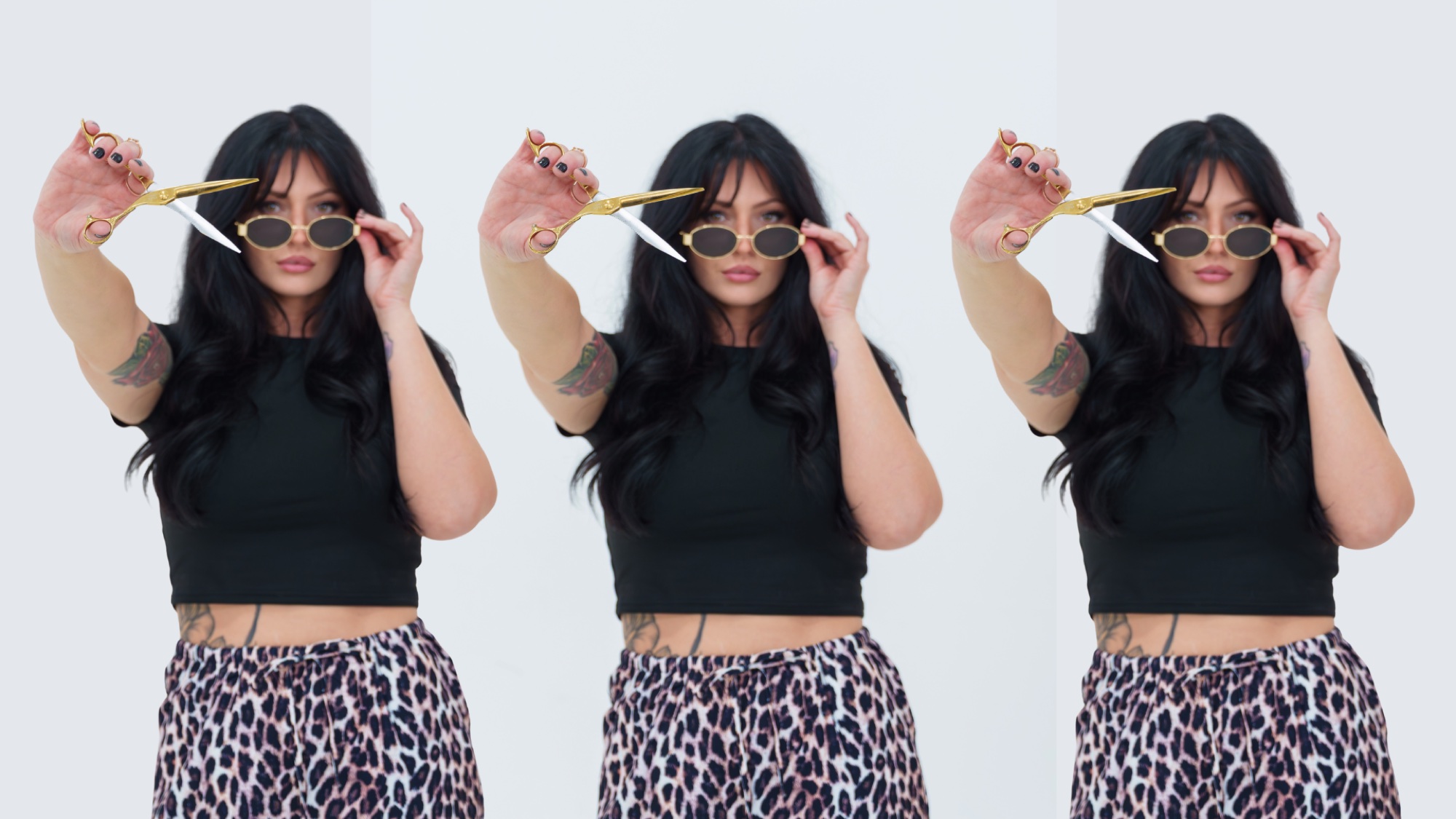 Muse Beauty Bar stylist with gold shears — editorial triptych