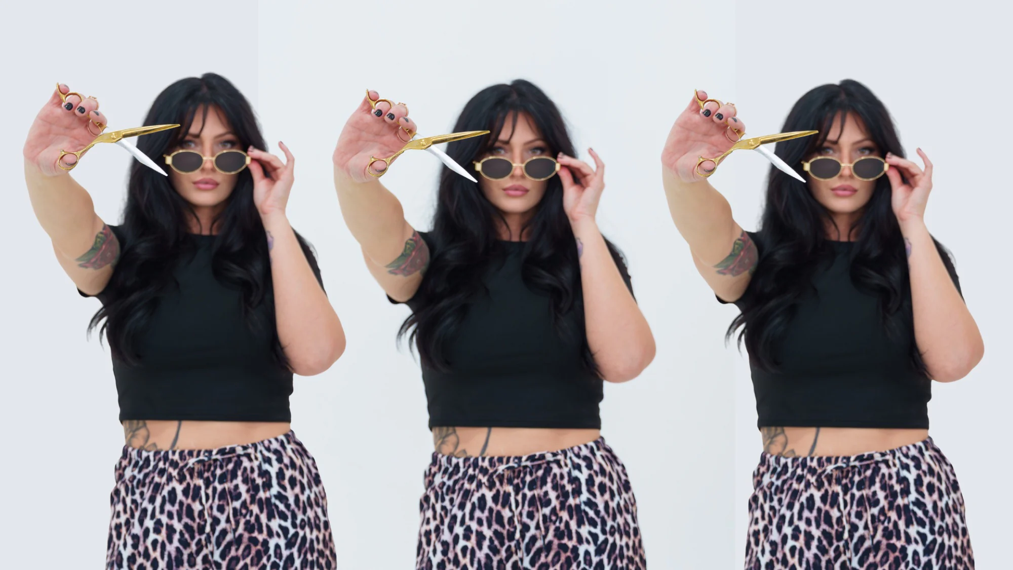 Muse Beauty Bar stylist with gold shears — editorial triptych